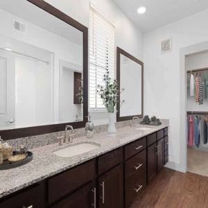 Huge bathroom with granite counters, dual sinks and walk-in closet