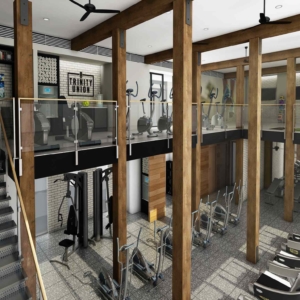 Two-level fitness center with bicycle machines, yoga mats, palattes balls, treadmills and weights
