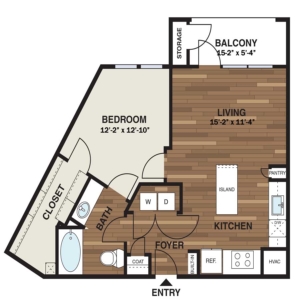 A5 Floor Plan with Foyer, Kitchen, Living, Bedroom, Closet & Balcony